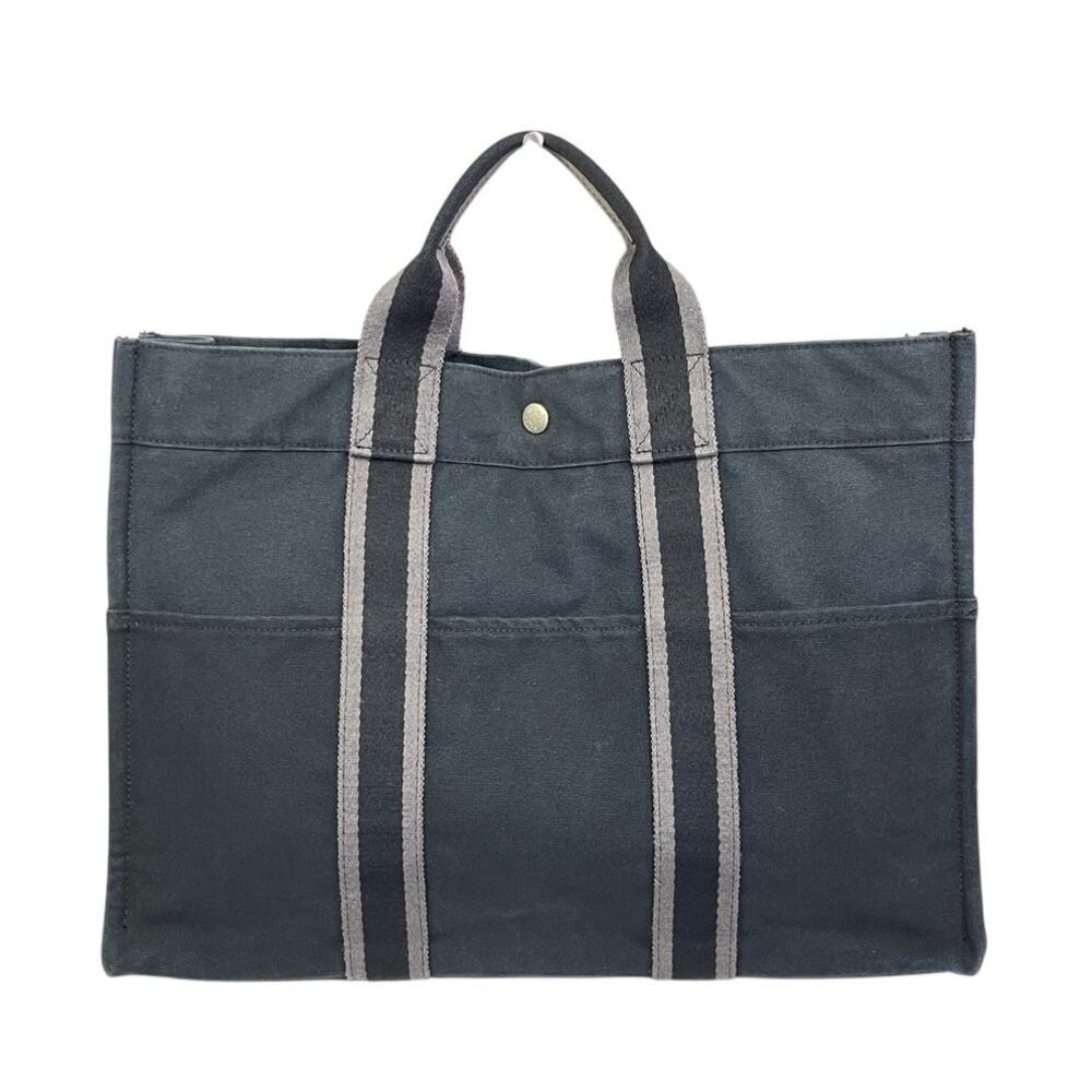 Hermes Fourre Tout MM Tote Bag Black Gray Canvas Vintage Made in France